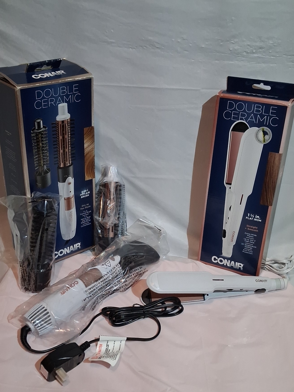 Conair Double Ceramic Bundle - 1.5" Flat Iron & 3-in-1 Hot Air Brush Set (NIB)